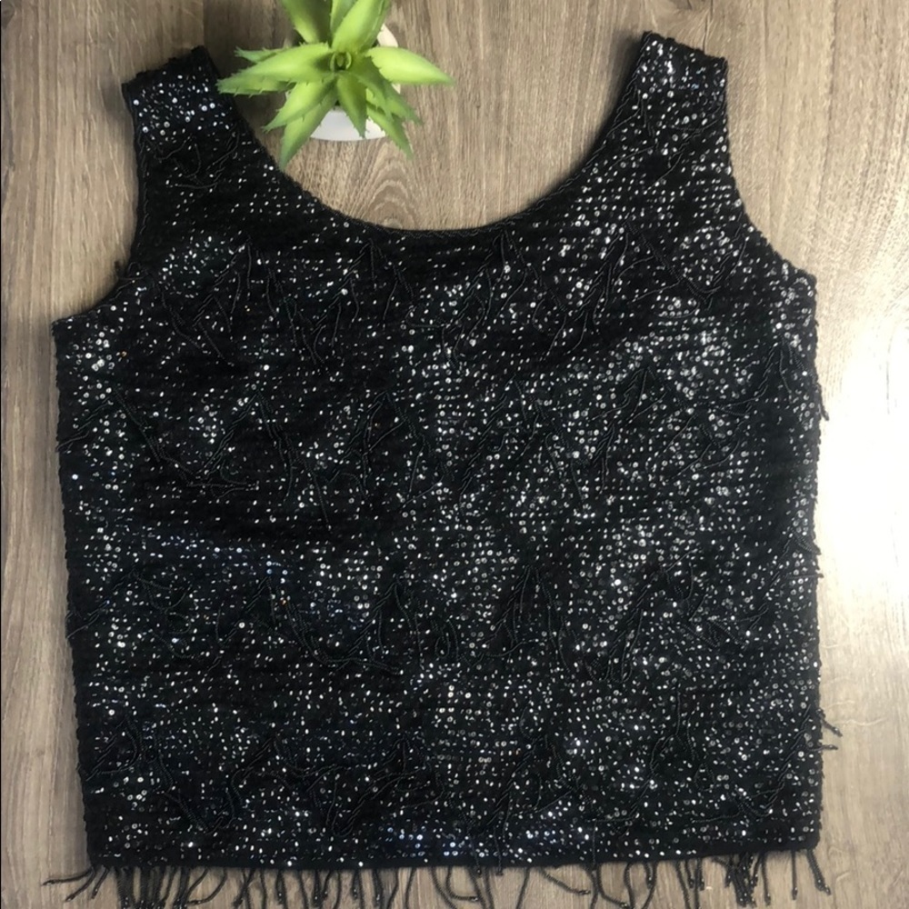 Hand Beaded Sequin Evening Wool Black Crop Top Evening Sparkle Holiday Large